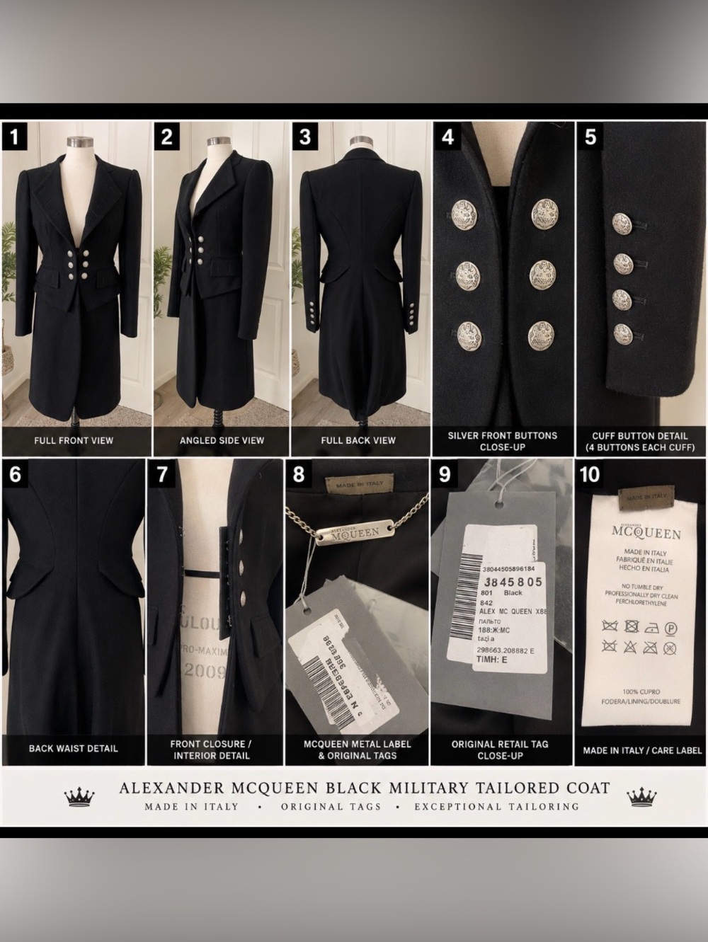 Alexander McQueen Black Double-Breasted Military Pea Coat with Silver Buttons